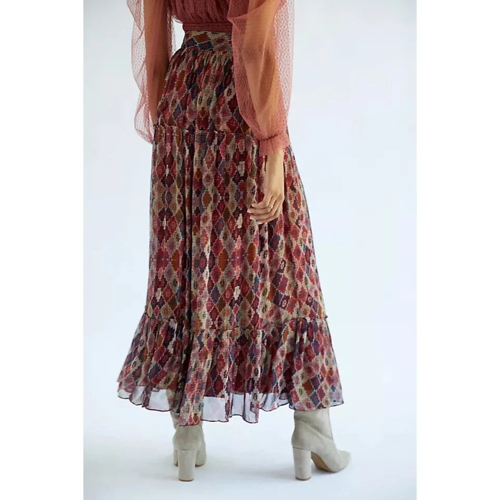 Anthropologie Nikita Mhaisalkar Maxi Skirt W/ Slit Ruffle Lined Geometric Small - Picture 8 of 9
